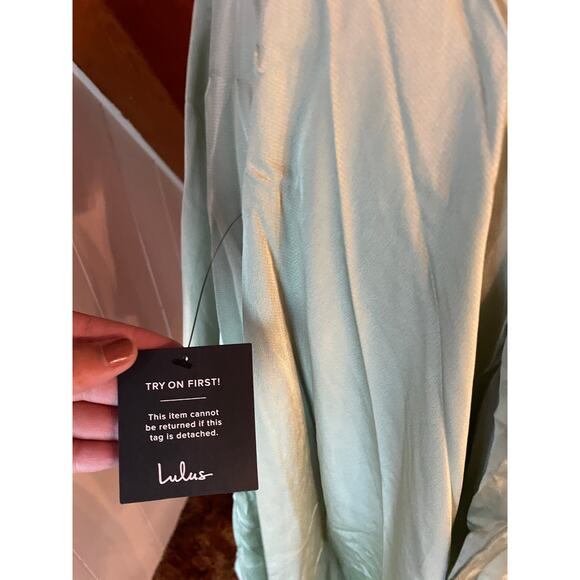 Lulus Days Like Today Sage Satin Asymmetrical Tie-Back Midi Dress NWT Sz S - Picture 7 of 9